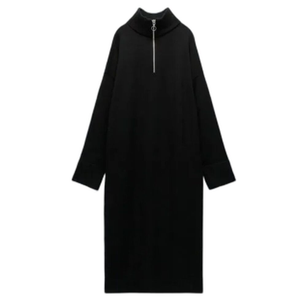Zara Quarter Zip Maxi Sweater Dress with Ribbed Knit Trim in Black size Small